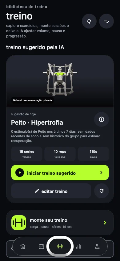 Tela Treino do RoutineOne com sugestão de treino e acesso ao catálogo